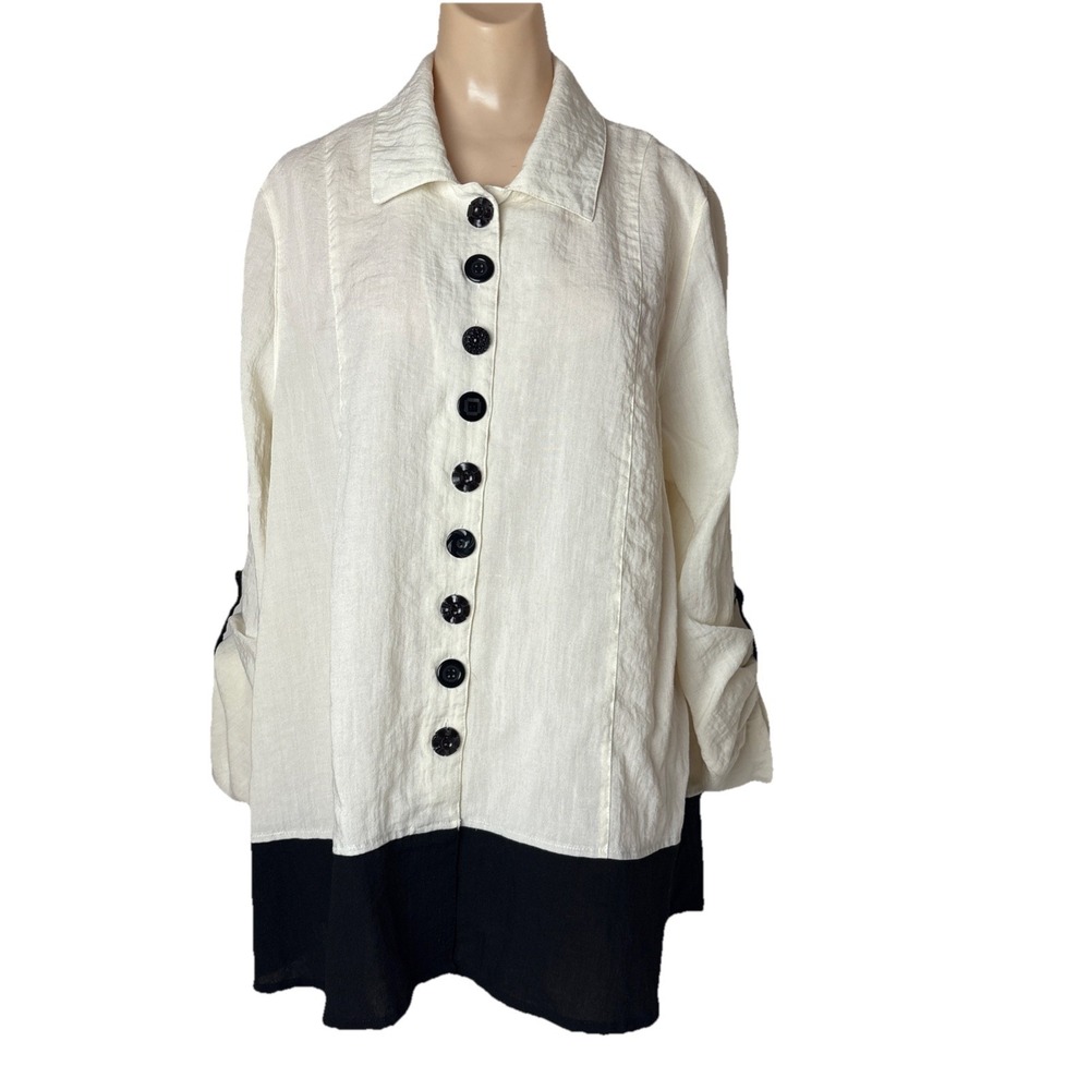 Peck & Peck Womens XL Roll tab Sleeve Button Up Blouse Top Ivory Black Artsy